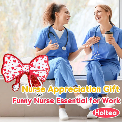 Valentines Red Heart Bow Stethoscope Badge Reel Retractable ID Name Badge Holder with Alligator Clip Cute Healthcare RN