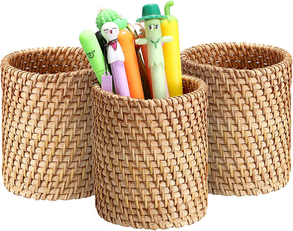 BTSKY 3 Pack Rattan Pen Cup, Handmade Desk Pencil Holders, Multi-Functional Woven Basket Organizer