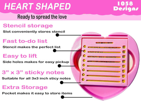 Heart Sticky Note Holder with Stencil PINK, Sticky Note Dispenser Compatible with Post-It Note, Post Note Organizer 3x3 Self Stick Note Pads Office Desk Accessories Gift Idea School Office Supplies