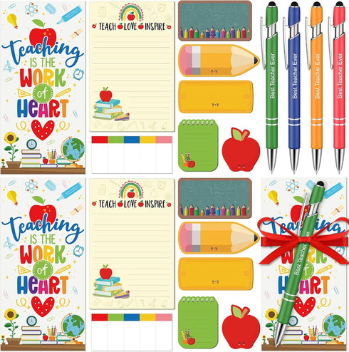 Jetec 4 Sets Funny Teacher Sticky Note with Pen, Apple Shape Self-Stick Note for School Office Teacher's Day