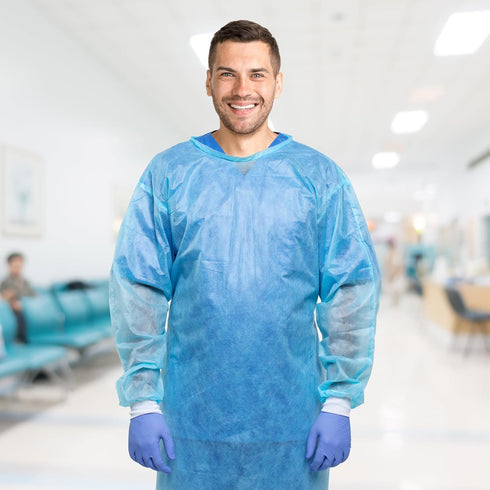 AMZ Medical Supply Disposable Isolation Gown, Large, 10 Pack of Blue Fluid Resistant Gowns