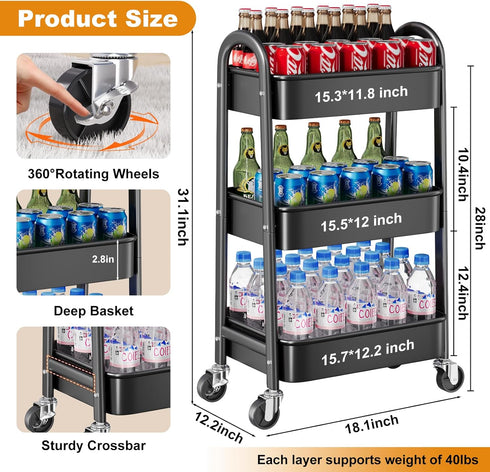 Rcemlip 3 Tier Black Rolling Cart Metal with Wheels, Basket, Cups & Hooks, Three Tier Utility Carts on Wheels, Can