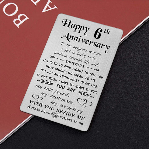 TANWIH 6th Anniversary Card for Wife - 6 Year Iron Wedding Anniversary Gifts for Her, Engraved Metal Wallet Card
