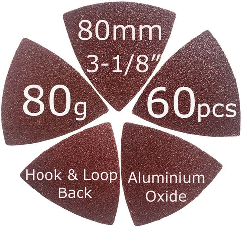 60 Pcs 80 Grit 3-1/8 Inch Triangle Oscillating Tool Sanding Paper for Wood Sanding XG802080