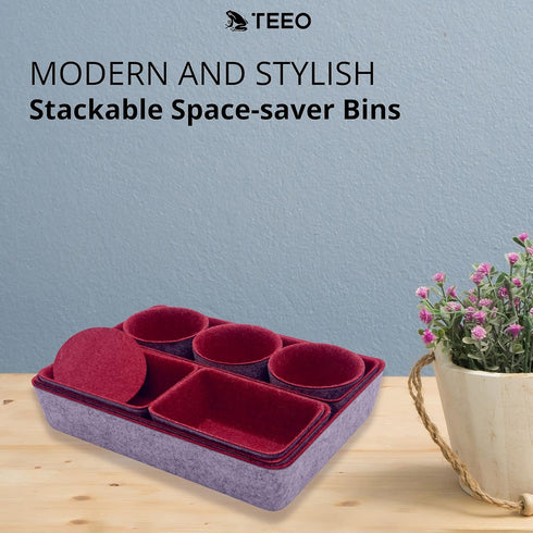 Teeo Drawer Organizers - Office Supply Organizer, Makeup Storage, Pack of 9, Burgundy Compartment Desk Caddy