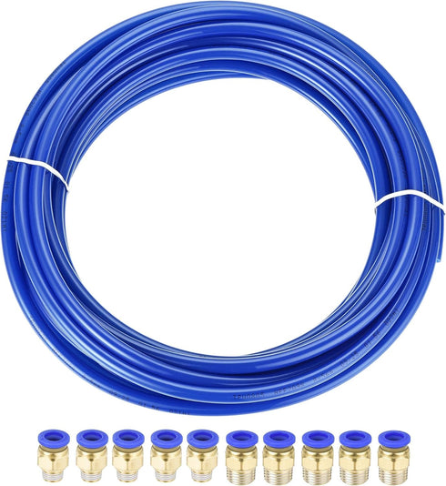 uxcell Pneumatic 8mm OD Polyurethane Air Hose Tubing Kit, 10 Meters Blue with 10 Pcs Push Connect Fittings