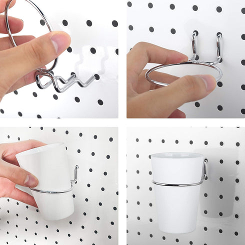 Kuhome 6 Sets Pegboard Hooks with Pegboard Cups, Ring Style Pegboard Bins for Organizing Storage, White Cup Holder