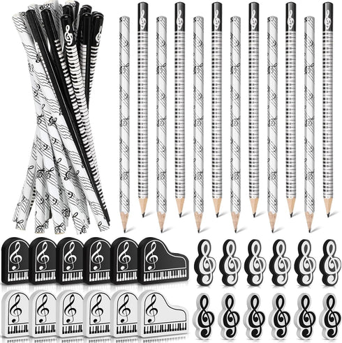 Music Pencils with Music Note Pencil and Themed Erasers, Bulk Keyboard Fun Pencils, 48 Pcs for Classroom