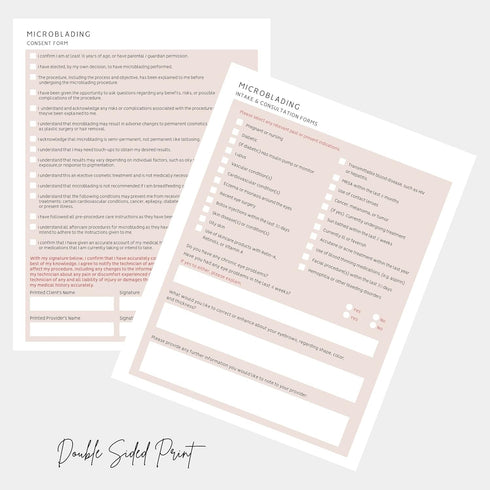 Microblading Client Paper Intake Forms, 100pk, 8.5 x 11” Paper Size, Consent Intake Consultation Aftercare, Brow Shape