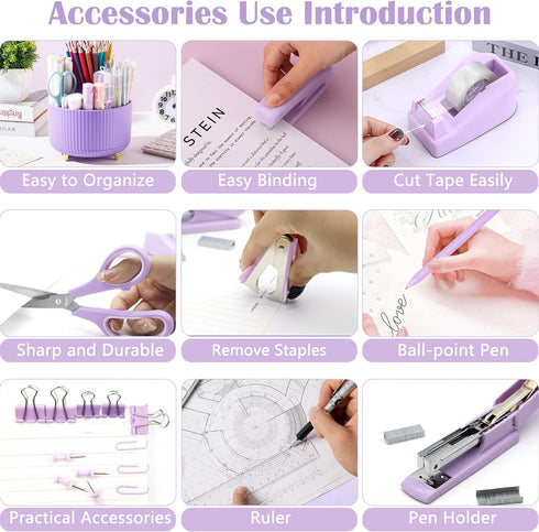 Purple Desk Accessories, 360° Pen Holder with Tape Dispenser, Stapler, and Office Supplies Set