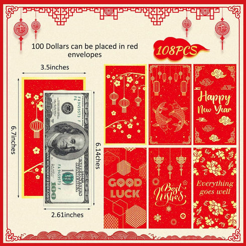 Henoyso Chinese Red Envelope, 2024 New Year Money Envelopes, 3.5 x 6.7'' CNY Red Pocket (108 Pack)