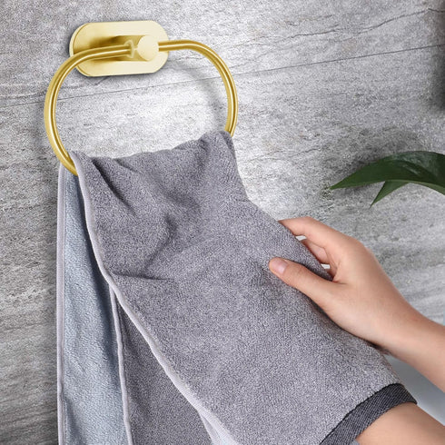 Towel Bar/Bath Towel Ring, Self Adhesive Hand Towel Ring for Bathroom, Stainless Steel Sticky Hand Towel Holder, No Drilling Modern Round Towel Hanger Wall Mounted (2 Pack, Gold) by Eolax
