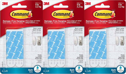 Command Water-Resistant Adhesive Refill Strips - Large (Pack of 12) for Bathroom Hooks & Shower Caddies