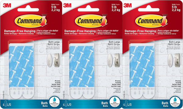 Command Water-Resistant Adhesive Refill Strips - Large (Pack of 12) for Bathroom Hooks & Shower Caddies