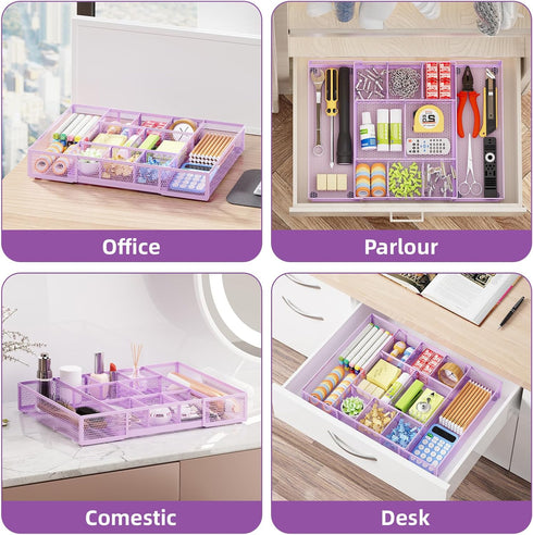 Marbrasse Expandable Desk Drawer Organizer, Mesh Tray with 10 Adjustable Compartments for Office Supplies, Makeup &