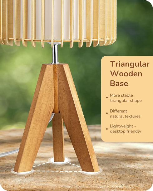 14.17" E26 EDISHINE Small Table Lamp, Wood Tripod Bedside Lamp, Natural Wood-Colored Hollow & White PVC Shade, Base