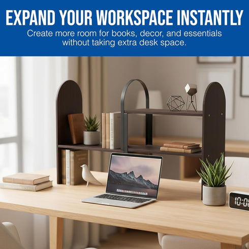 Maplefield Desk Hutch Expandable Shelf Organizer, Walnut Finish, Engineered Wood Desktop Storage Rack for Office, Dorm