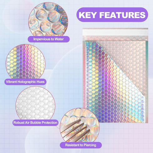 Ycxvacop 50 Pcs Metallic Bubble Mailers,With Thank You Cards and Stickers,Holographic Bubble Mailers,Self Seal Poly