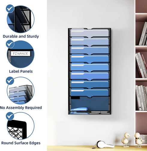 DALTACK Wall File Holder, 10 Tier Hanging Organizer for Papers, Mails, Folders, Clipboard, Magazine Organization, Mesh