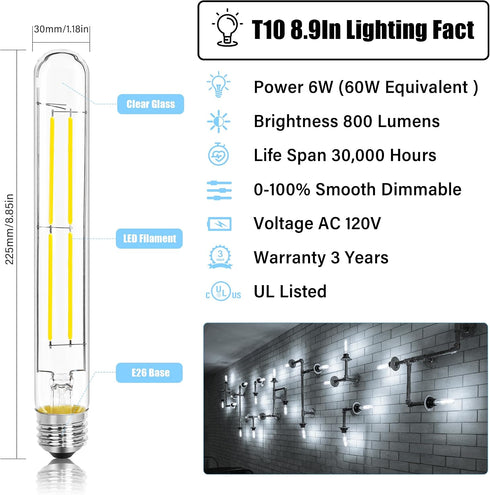 8.9IN Bulbs E26 6W 800LM 5000K T10 T9 Bulbs Dimmable, 120V 80 Bulb, 2Pack LED Light Base, Daylight White Vintage Edison