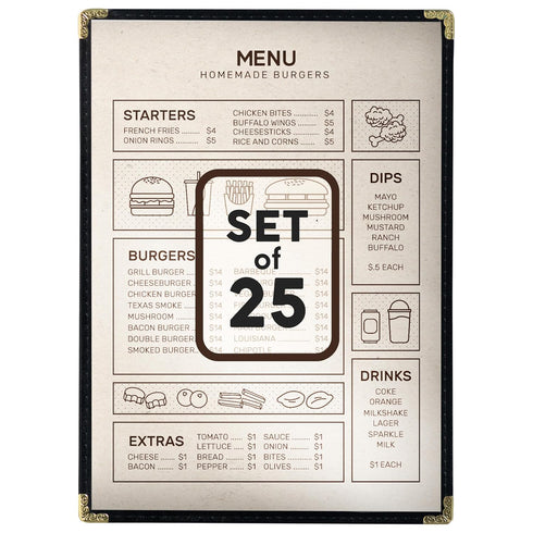 25 Restaurant Menu Covers 8.5'' x 11'', Double Stitched Single Pocket Menu