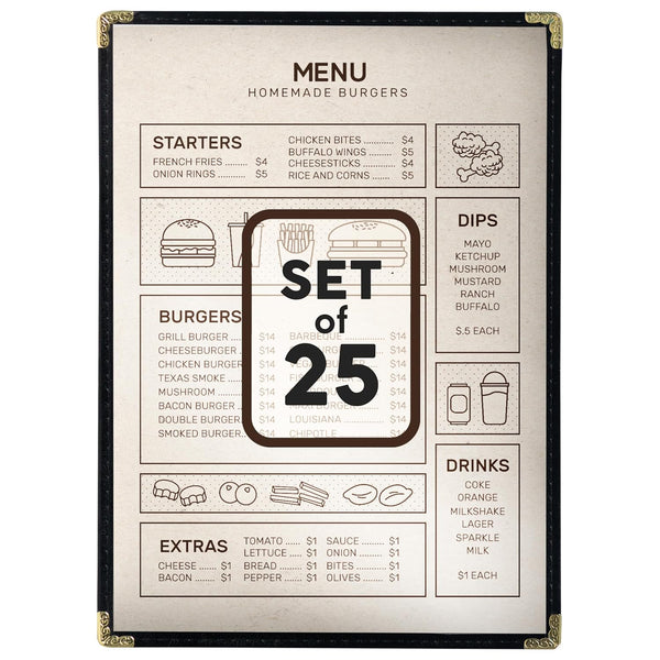 25 Restaurant Menu Covers 8.5'' x 11'', Double Stitched Single Pocket Menu