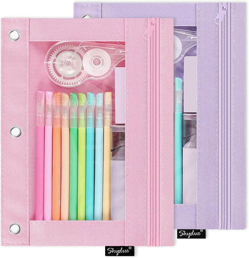 SKYDUE Pencil Pouch for 3 Ring Binder, Clear Window Pencil Case with Smooth Zipper for Girls Boys, Pink & Purple