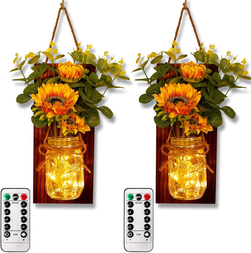 OurWarm Sunflower Wall Sconces Set of Two, Mason Jar Sconces Farmhouse Wall