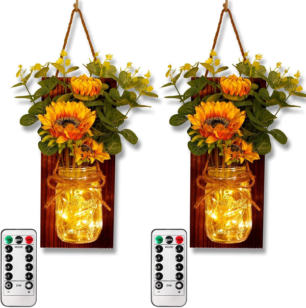OurWarm Sunflower Wall Sconces Set of Two, Mason Jar Sconces Farmhouse Wall