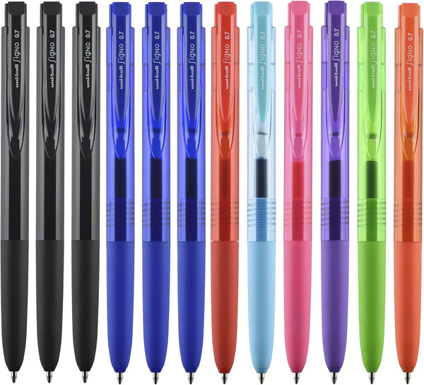 Uniball Signo Gel Grip Stick Gel Pen, 12 Assorted Pens, 0.7mm Medium Point, Smooth Writing, Office Supplies
