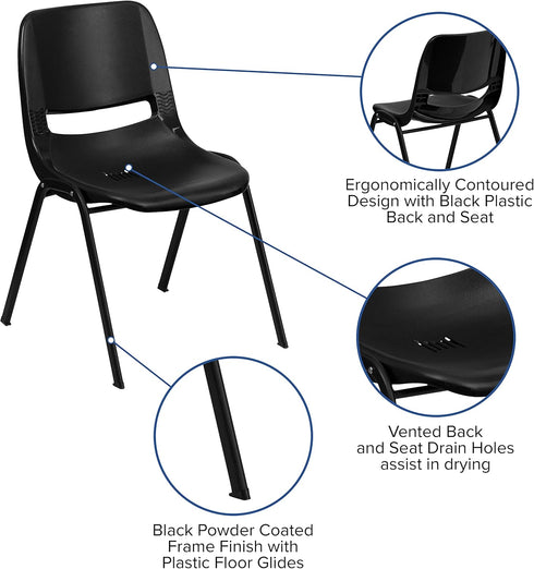 EMMA 14" + OLIVER Kid's Black Ergonomic Shell Stack Chair - Black Frame and H Seat