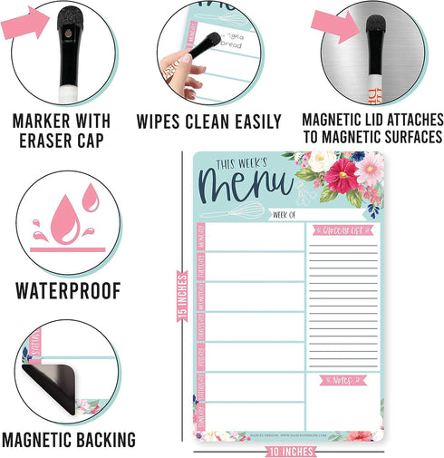 Hadley Designs Weekly Meal Planner Dry Erase Board, Floral Magnetic Menu Board for Kitchen Refrigerator