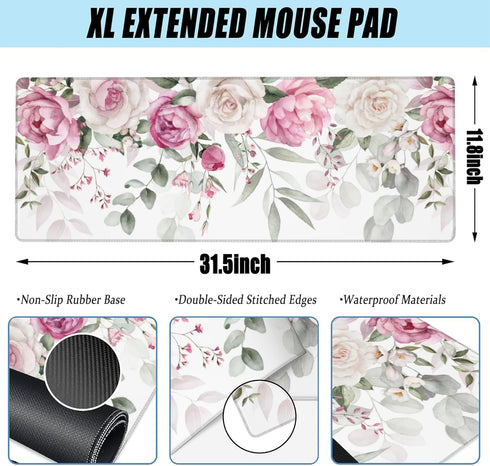 Large Gaming Mouse Pad for Desk, Pink Peony Flowers Eucalyptus Leaves, Extended Big Computer Keyboard Pad