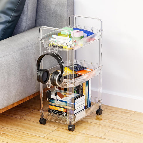 Yieach 3 Clear Tier Rolling Utility Cart with Wheels,Modern Bedside Cart for Baby Essentials,Nursery,Diaper Caddy,Baby