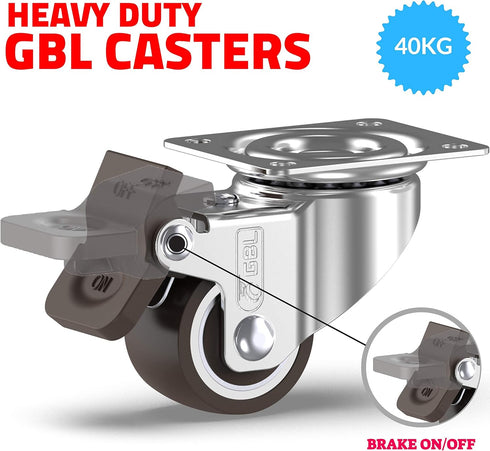 GBL 1" Small Caster Wheels with 2 Brakes + Screws - Set of 4 Low Profile Silent Casters for Cart and Furniture