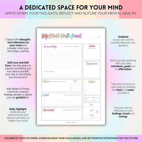 A5) Mental Health Journal Planner | Daily Gratitude, Self Care, Intentions, Affirmations and Nutrition (Rainbow