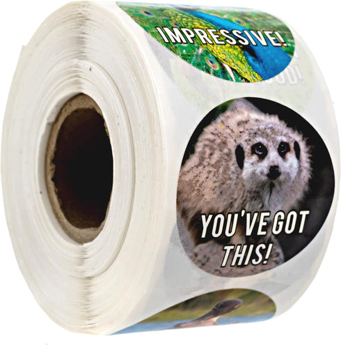 Motivational Animal Stickers, 500 Incentive Labels Roll, 1.5" Funny Inspirational School Clinic Reward Stickers