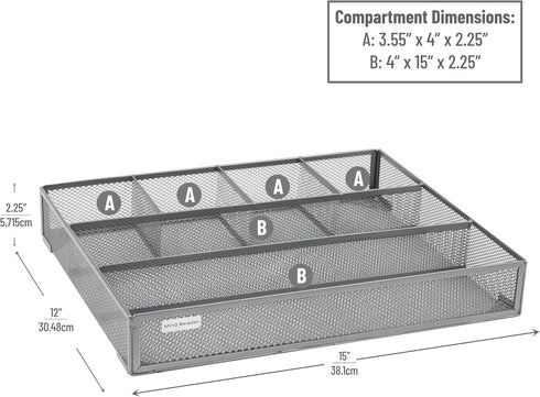 Mind Reader Drawer Organizer, Desk Utensil Organizer, Metal Mesh, 15" L x 12" W x 2.25" H, Set of 2, Silver