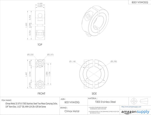 2C-075-S T303 Stainless Steel Two-Piece Clamping Collar, 3/4" Bore Size, 1-1/2" Outside Diameter