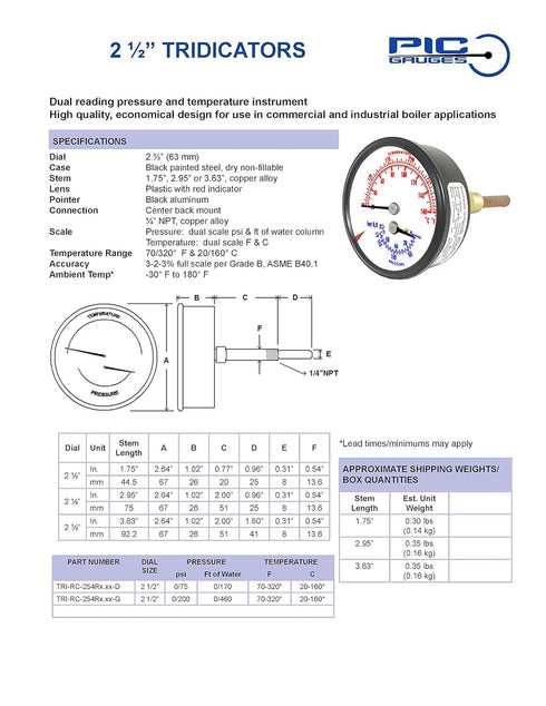 PIC Gauges TRI-RC-254R2.95-D Commercial Tridicator, 2-1/2" Dial, 1/4" Male NPT, 0/75 psi Range, Black Steel Case
