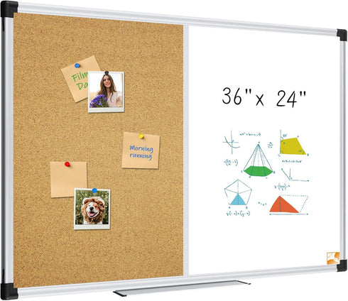 XBoard 36 x 24 Inch Magnetic White Board and Bulletin Corkboard Combo, Half Dry Erase & Cork Board with Aluminum Frame