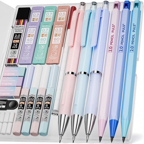 Nicpro 22PCS Pastel Mechanical Pencils Set with Case, 0.5, 0.7, 0.9 mm, 2mm Lead Holders, 11 Tube Lead Refills & 3