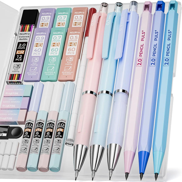Nicpro 22PCS Pastel Mechanical Pencils Set with Case, 0.5, 0.7, 0.9 mm, 2mm Lead Holders, 11 Tube Lead Refills & 3