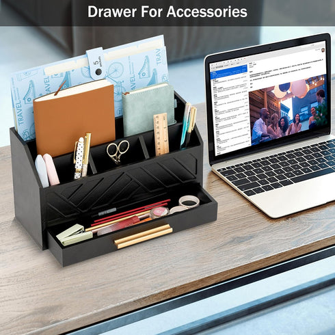 Black Wood Desk Organizer with Drawer, Bill Mail Organizer and File Holder for Office Supplies, Modern Desk Accessories