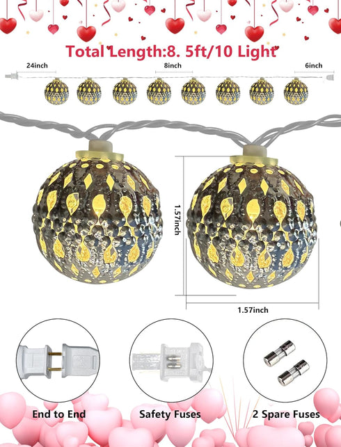 8.5Ft 10 LED Moroccan Style String Lights Plug in, Outdoor Ramadan Decorations String Lights with Silver Metal Ball
