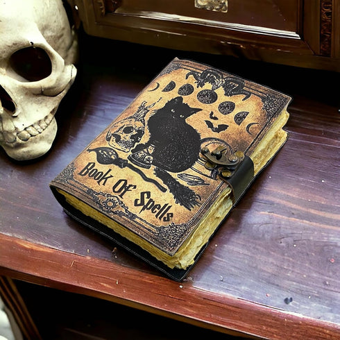 Blank Spell Book of Shadows Grimoire Journal Magic Cat Printed Witchcraft Supplies Witch Wiccan Notebook Handmade Vintage Deckle Paper Leather Sketchbook, Great Gifts 7x5 inches by Tajhandicrafts
