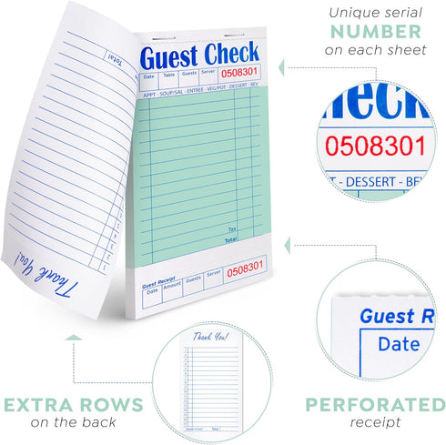 20 Pack 50 Alitte Guest Check Books for Servers Order Book Restaurant Server Notepads with Serial Numbers, Menu Labels