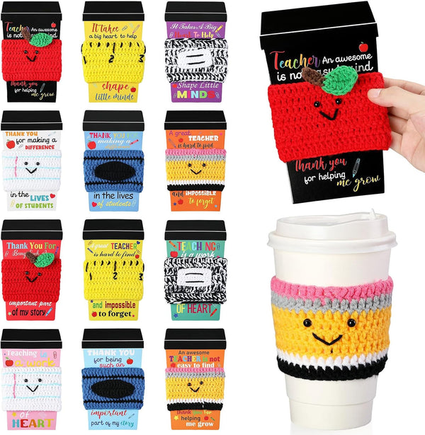 Zhehao 12 Set Teacher Appreciation Gift Card Crochet Coffee Cup Sleeve Composition Notebook