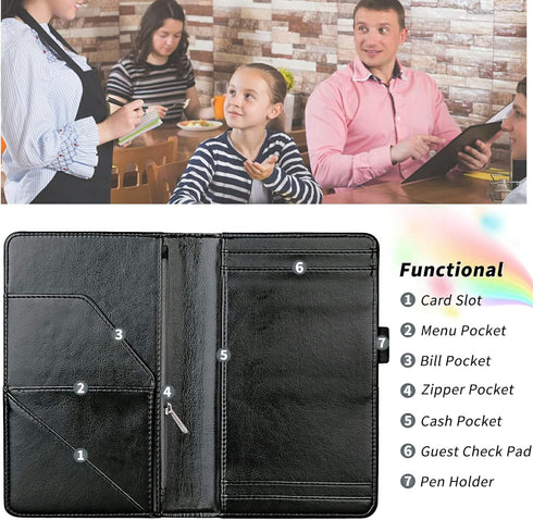 Dikoer PU Leather Server Books for Waitress, 7 Large Pockets with Zipper, Pen Holder Personal Organizer Wallet, Cow