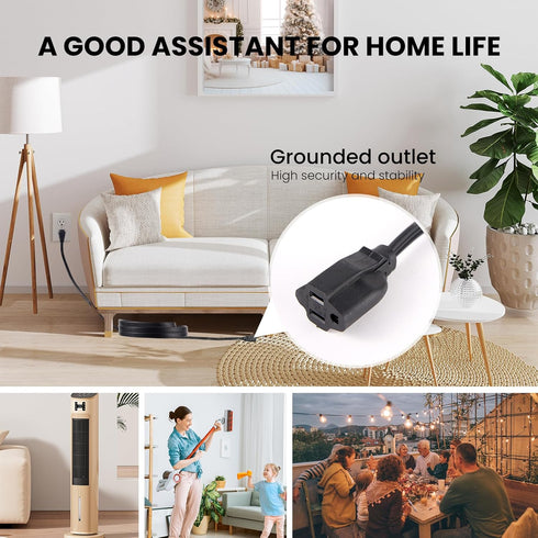 YOJOE Indoor Extension Cord, 3 Prong Grounded 13A Power Cord, 16 Gauge 12 ft Black Flat Plug